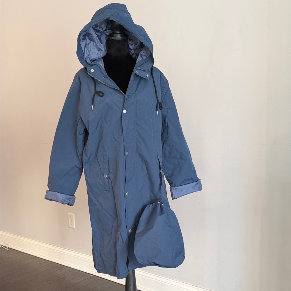 Women's Blue Hooded Rain Jacket with Travel Bag